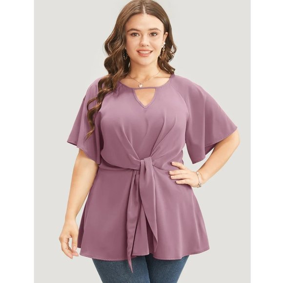 BloomChic Tops - NWT BloomChic Pink Plain Keyhole Knotted Front Ruffle Sleeve Blouse Size 12/L